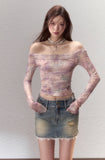 Rendering color design pure desire off shoulder mesh T-shirt