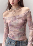 Rendering color design pure desire off shoulder mesh T-shirt