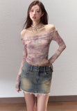 Rendering color design pure desire off shoulder mesh T-shirt