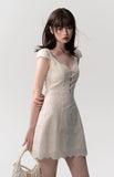 Cream white simple slim lace stitching dress