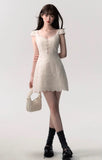 Cream white simple slim lace stitching dress