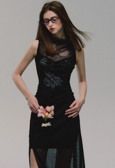 Black Mesh Slim Slit Midi Dress