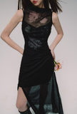 ブラックメッシュスリムスリットミディドレス
