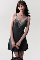 Gray V-Neck Knit Slip Dress