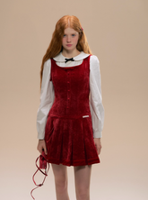 Red Velvet Vest Pleated Dress
