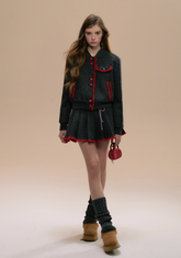 Woolen Baseball Jacket / Pleated Skirt