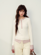 Dark gray/pink retro miu plaid stitching fake two-piece long-sleeved T-shirt