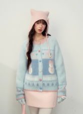 Hokkaido Snowman Blue Girl Fair Isle Long Plush Knit Sweater Jacket
