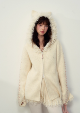 Two-piece Women's Cat Ear Frayed Edge Wool Knitted Jacket/Shorts