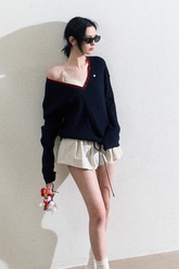 Vネックファッションストライプウールケーブルニットトップス