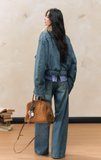 Loose denim plush jacket wide-leg jeans versatile suit