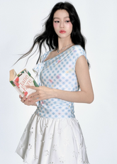 ブルーチェックワンショルダーTシャツ