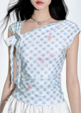ブルーチェックワンショルダーTシャツ