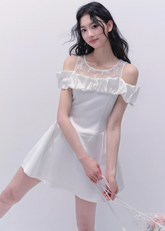 オフショルダーレースパッチワークドレス