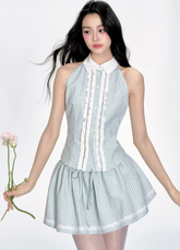 Mint Green Grid Puff Skirt Set