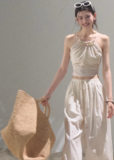 Embroidered Cashew Drawstring Pants