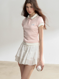 Pink Splice Fake Two-Piece Polo Top