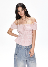 Striped waist cinched short sleeved shirt