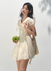 刺繍バブルスリーブティードレス