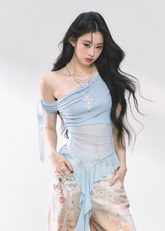 Sheer Mesh Off-Shoulder T-Shirt