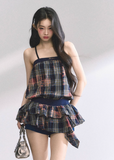 One-Shoulder Checkered Suspender T-Shirt Dress