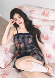 One-Shoulder Checkered Suspender T-Shirt Dress