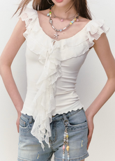 Lace Ribbon V-Neck Cinched Waist Top