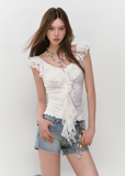Lace Ribbon V-Neck Cinched Waist Top