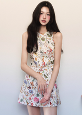 テクスチャードフローラルプリントのノースリーブドレス