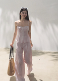 シルクヘンプストラップグリッドワイドレッグパンツバケーションセット