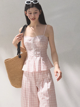 シルクヘンプストラップグリッドワイドレッグパンツバケーションセット