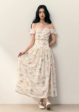 Letter Floral One-Shoulder Pleated Waist Dress