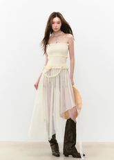 エレガントなイレギュラーメッシュチェストラップワンショルダードレス