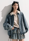 Denim Padded Jacket Set Crochet Collar & Skirt