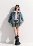 Denim Padded Jacket Set Crochet Collar & Skirt