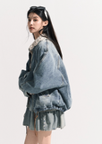 Denim Padded Jacket Set Crochet Collar & Skirt