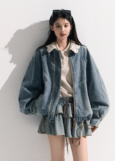 Denim Padded Jacket Set Crochet Collar & Skirt