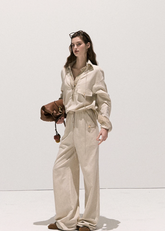 High-Sense Contrast Faux Two-Piece Shirt & Wide-Leg Pants Set