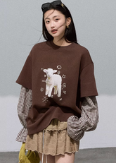 Sheep Heart Lyocell Cotton Plaid Patchwork Sweatshirt