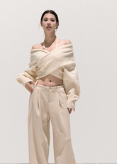 Lyocell Wool Knit Cross-Waist Off-Shoulder Sweater