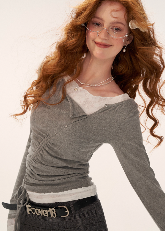 one shoulder lace top, lace shirring long sleeve shirt women, slim fit fall top 2025, asymmetric lace tee womens, street femme fashion top, korean slim inner top, fall layering shirt women, elegant lace one shoulder shirt, nowa tokyo womens fashion