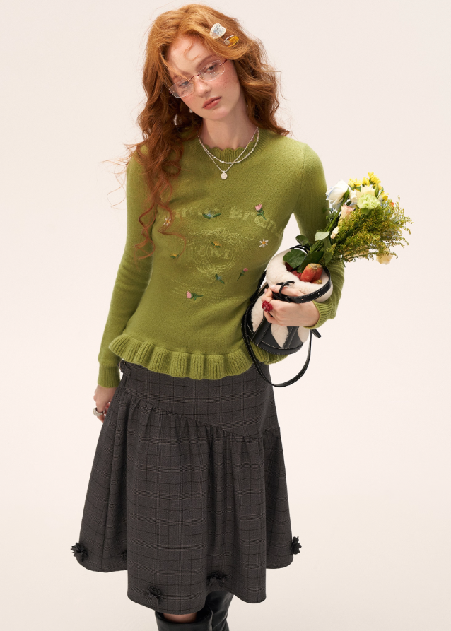 floral embroidered sweater women, slim knit crew neck top, fall 2025 knitwear women, embroidered flower pullover, soft street knit sweater, korean feminine knit top, long sleeve slim sweater women, romantic fall layering top, nowa tokyo cute knit style