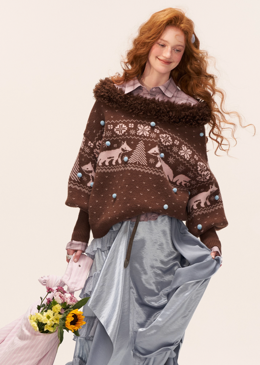 fox fair isle sweater women, v neck winter knit top, fair isle fox pattern knit, cozy lazy fit sweater women, korean winter knit fashion, fall winter 2025 sweater trend, nordic pattern fox pullover, cute warm knitwear outfit women, nowa tokyo cozy street style