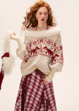 fox fair isle sweater women, v neck winter knit top, fair isle fox pattern knit, cozy lazy fit sweater women, korean winter knit fashion, fall winter 2025 sweater trend, nordic pattern fox pullover, cute warm knitwear outfit women, nowa tokyo cozy street style