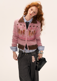 pink pony knit cardigan, cute zip sweater women, pony embroidered knit top, kawaii y2k pink sweater, slim fit pastel knit cardigan, amusement park pony jacket, cute core knitwear women 2025, korean pink cardigan outfit, nowa tokyo kawaii fashion