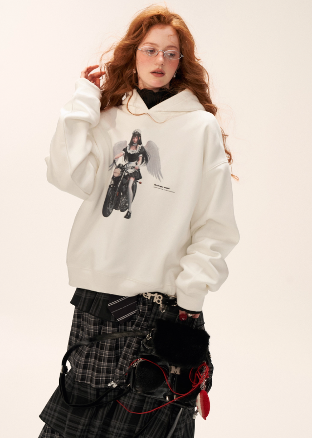 grumpy maid hoodie women, creative graphic sweatshirt, oversized white hoodie streetwear, fall winter 2025 hoodie women, lazy fashion casual jacket, korean street graphic hoodie, funny print sweatshirt women, artistic oversized hoodie outfit, nowa tokyo street casual fashion