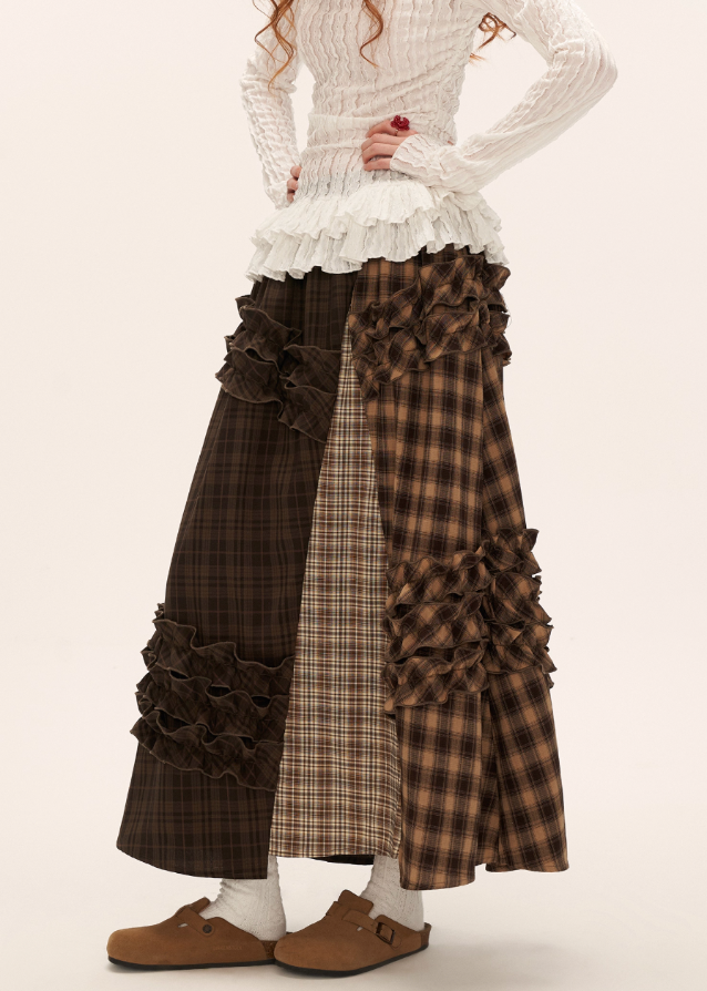 brown plaid skirt, layered midi skirt, patchwork check skirt, ruffle plaid skirt, autumn winter outfit women, mocha mid length skirt, fw25 collection, street boutique fashion, korean plaid fashion, tokyo style skirt