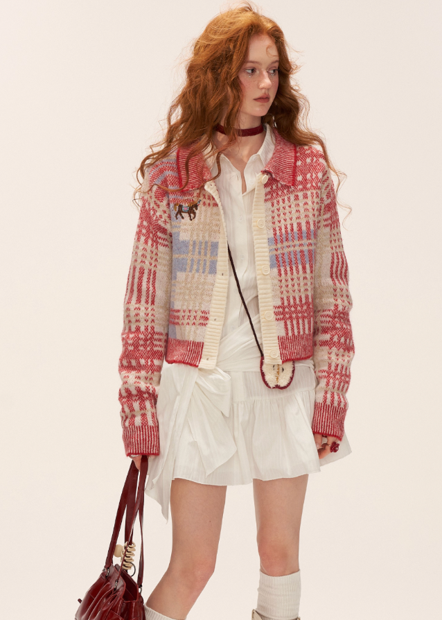 pony plaid cardigan women, red check knit sweater jacket, cute core plaid knitwear 2025, korean soft street cardigan, gentle sweet knit jacket, vintage red plaid cardigan, fall winter 2025 knit top, kawaii pony cardigan outfit, nowa tokyo soft girl fashion
