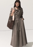 velvet swing collar dress, micro velvet long sleeve dress, literary style long dress women, scarf collar draped maxi dress, elegant waist velvet gown, fall winter 2025 dresses women, artistic flowing long skirt, korean minimalist dress style, soft street velvet dress, nowa tokyo boutique fashion