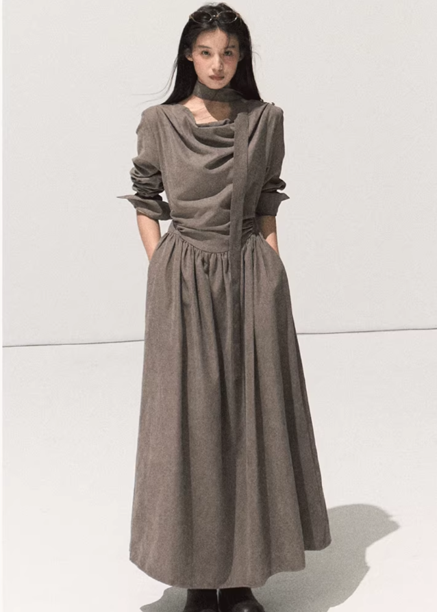 velvet swing collar dress, micro velvet long sleeve dress, literary style long dress women, scarf collar draped maxi dress, elegant waist velvet gown, fall winter 2025 dresses women, artistic flowing long skirt, korean minimalist dress style, soft street velvet dress, nowa tokyo boutique fashion